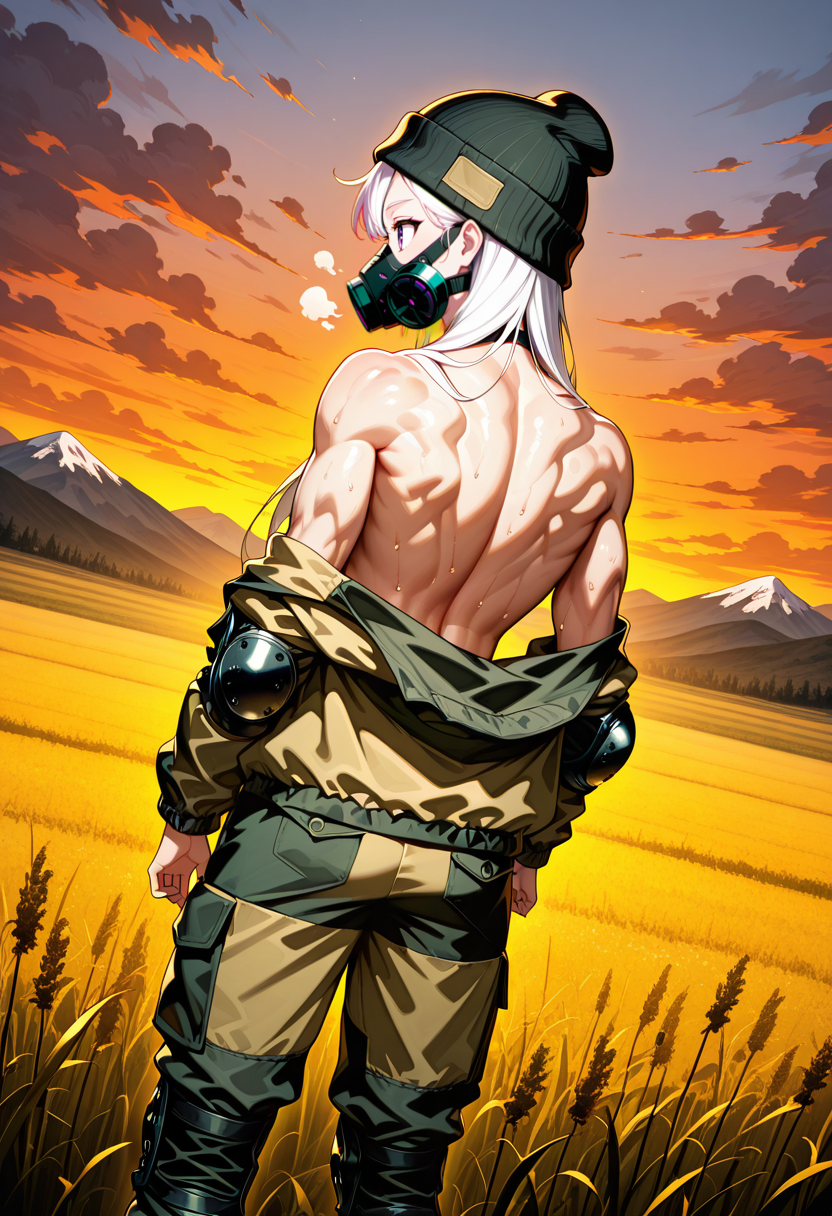 masterpiece, best quality, Graphic Design, color art, vibrant colors, colorful, intricate details, high contrast, detailed background, beautiful detailed, beautiful face, detailed eyes, detailed face, new, newest, 1girl, solo, white hair, g0rk4, military uniform, jacket, pants, camouflage, cowboy shot, field, dynamic pose, mountain, gas mask, beanie, knee pads, evening, sunset, cloudy, dutch angle, profile, open jacket, off shoulder, sweat, from behind, bare shoulders, muscular, bare back, topless,
