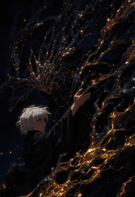 hyper realistic. a young child is standing alone against a gloomy backdrop. She has silver hair and silver eyes. She is draped with an oversized cloak of dark flames embedded with stars. The stars are white and gold. Her face is in focus but shadowed by her cloak. The cloak is the only thing illuminating the scene, and it gets darker the further away it is. Her arms are outstretched as if casting a spell. Her fair skin contrasts softly against the glittering cloak, and her expression is introspective, with slightly parted lips adding a touch of sensuality. The cloak catches the ambient light, scattering it into a dazzling display of shimmering reflections, resembling a star-studded night sky. The dim, ambient lighting enhances the intimate, moody atmosphere, casting gentle shadows that sculpt the contours of her face and body, emphasizing her serene yet enigmatic presence. The composition blends softness and glamour, fusing intimate elegance with a hint of otherworldly magic.