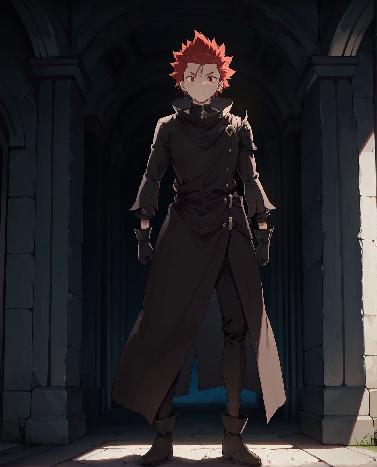 masterpiece,best quality,amazing quality,very aesthetic,absurdres,newest, huge filesize,
<lora:spo_sdxl_10ep_4k-data_lora_webui:0.5>,anime coloring, anime screenshot, flat color, 
<lora:add-detail-xl:1>
<lora:girumasu:1>girumasuV1,
g_lowe,
1boy,
solo,
male focus,
red hair,
gloves,
spiked hair,
red eyes,
full body,
g_lowe,
