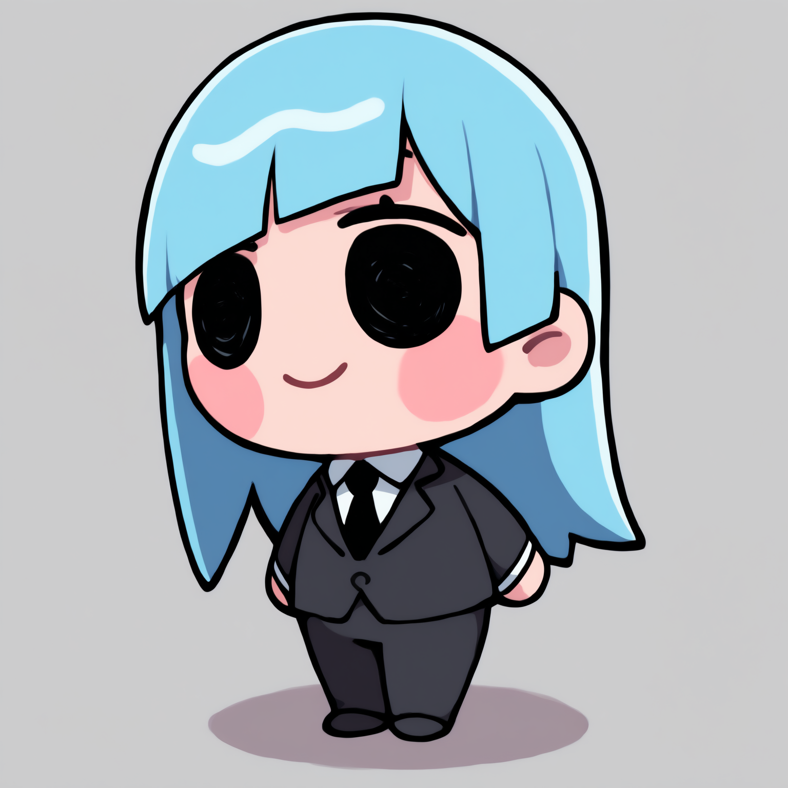 masterpiece, best quality, newest, chibi, full body, blush stickers, black eyes, solo, 1girl, m1wa, smile, standing, long hair, blue hair, straight hair, blunt bangs, diagonal bangs, black suit, black jacket, suit jacket, long sleeves, white shirt, collared shirt, black necktie, black pants, simple background
<segment:yolo-Anzhc Face seg 640 v3 y11n.pt,0.4,0.6//cid=11>