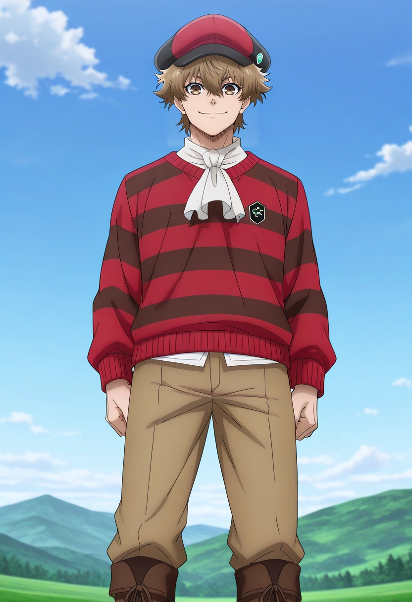 masterpiece, best quality, , anime screencap, anime coloring, , looking at viewer, 1boy, solo, male focus, <lora:asahi_naruhaya_ilxl:1>, asahi_naruhaya, brown hair, brown eyes, short hair, hair between eyes, bangs, , from below, hill, greenery, midnight, standing, smile, Joggers, Striped crew neck sweater, Chukka boots, Ascot cap,