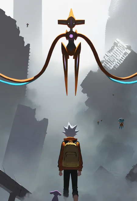 artist:ciloranko,artist:modare,artist:diyokama, astero, scenery, pokemon \(creature\),
best quality, amazing quality, very aesthetic, absurdres, best quality, masterpiece, newest,
deoxys, floating,
1boy, grey hair, spiked hair, backpack, building, fog, from behind, orange jacket, outdoors, ruins, floating ruins, standing, grey theme, Cinematic Lighting, light particles, <lora:AsteroIllustriousXL_byKonan:1>