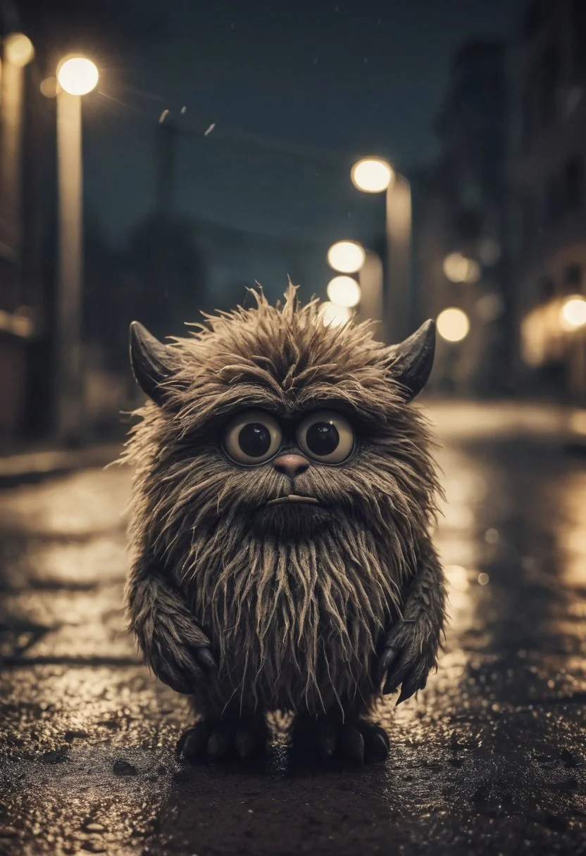 Small furry monster, fur ball, fluffy, shot at night, cute monster, expressive eyes, sad and curious appearance, heartbreaking, very cute, heavy rain, very sad, lonely, lost place, desaturated, dramatic lighting, desaturated background, bokeh, dark theme, soothing tones, depth of field, dramatic backlighting, film grain,
