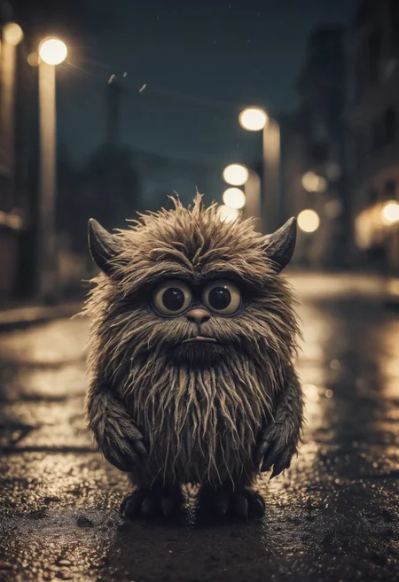 Small furry monster, fur ball, fluffy, shot at night, cute monster, expressive eyes, sad and curious appearance, heartbreaking, very cute, heavy rain, very sad, lonely, lost place, desaturated, dramatic lighting, desaturated background, bokeh, dark theme, soothing tones, depth of field, dramatic backlighting, film grain,
