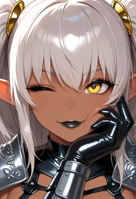 1girl, masterpiece, best quality, amazing quality, dark elven girl, leather armour, portrait, hair accessories, body accessories, silver pierces, glossy black lips, yellow eyes, wink, touching cheek