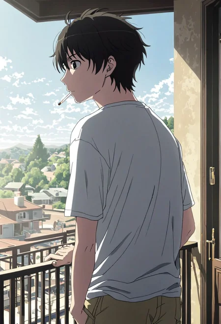 high resolution, solo, best quality, 1Boy, Inaho Kaizuka, Black Hair, Brown Eyes, home balcony, morning, cigarette, coffee, t-shirt, shorts, looking away, OverallDetail