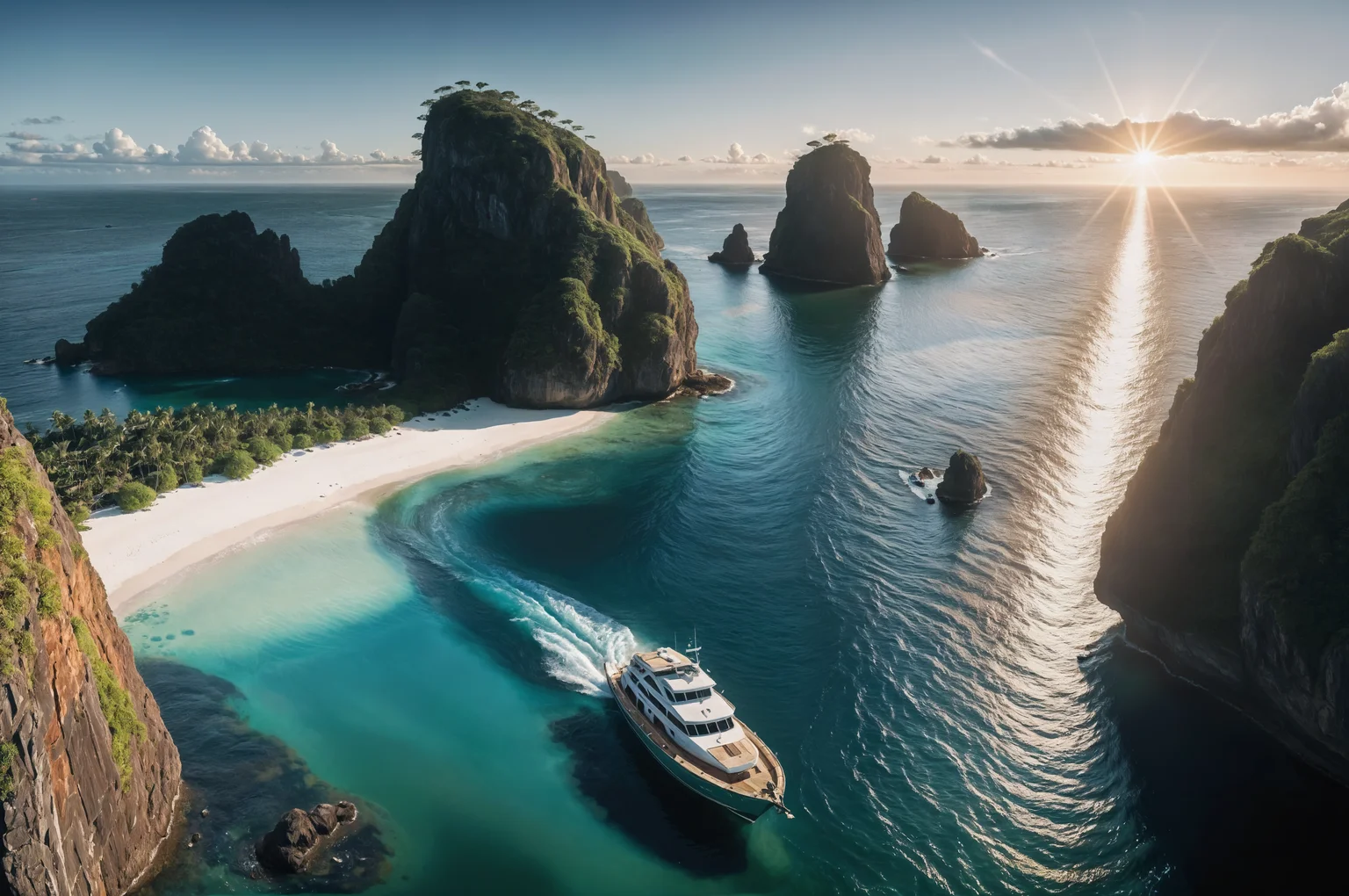 professional photo of a boat is in the water between two large rocks in the middle of the ocean with a few islands in the background, Andrew Law, beautiful landscape, sumatraism, insane details, cinematic light, detailed, color grading, sunrise <lora:Instant_landscaper_XL:0.7>