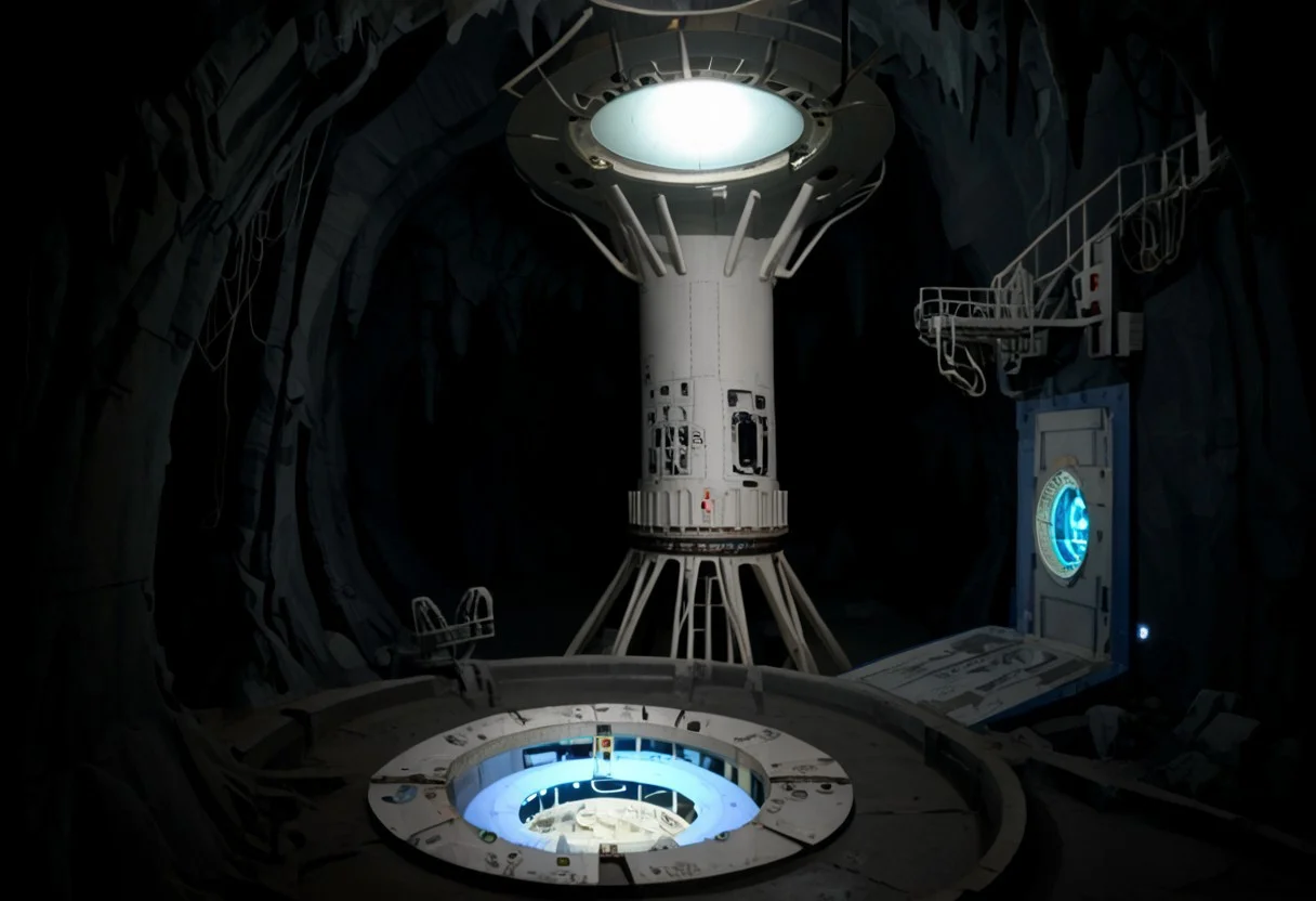 Old aperture, portal 2, 1980's, cavernous, blue light, underground drydock, cranes, dramatic lighting, abandoned science facility, desolate, shipping cranes, Polaroid, massive cave, 1987, towering structures, abandoned, aperture science, catwalks, partially flooded, ((( abandonned, aerospace, submechanaphobia)))