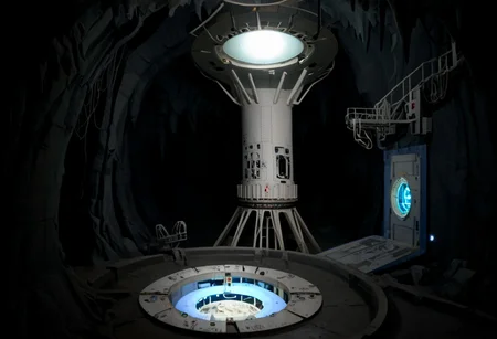 Old aperture, portal 2, 1980's, cavernous, blue light, underground drydock, cranes, dramatic lighting, abandoned science facility, desolate, shipping cranes, Polaroid, massive cave, 1987, towering structures, abandoned, aperture science, catwalks, partially flooded, ((( abandonned, aerospace, submechanaphobia)))