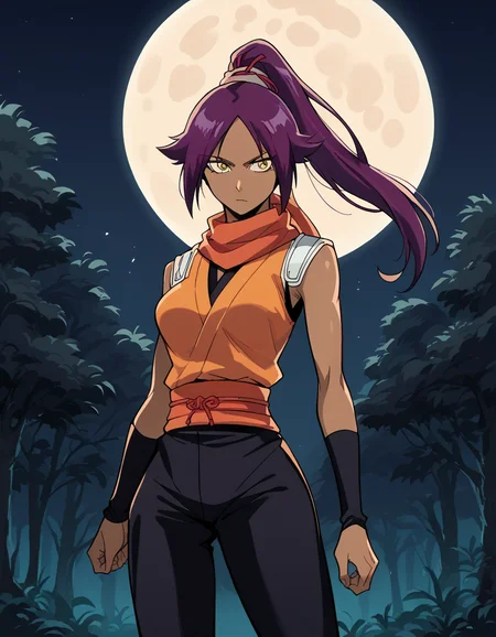 score_9, score_8_up, score_7_up, source_anime, <lora:yoruichi-shihouin-ponyxl-lora-nochekaiser:1> yoruichi shihouin, long hair, yellow eyes, ponytail, purple hair, dark skin, dark-skinned female, medium breasts, <lora:ninja-ponyxl-lora-nochekaiser:1>, ninja, fishnets, scarf,, moon, night, forest, trees,, cowboy shot