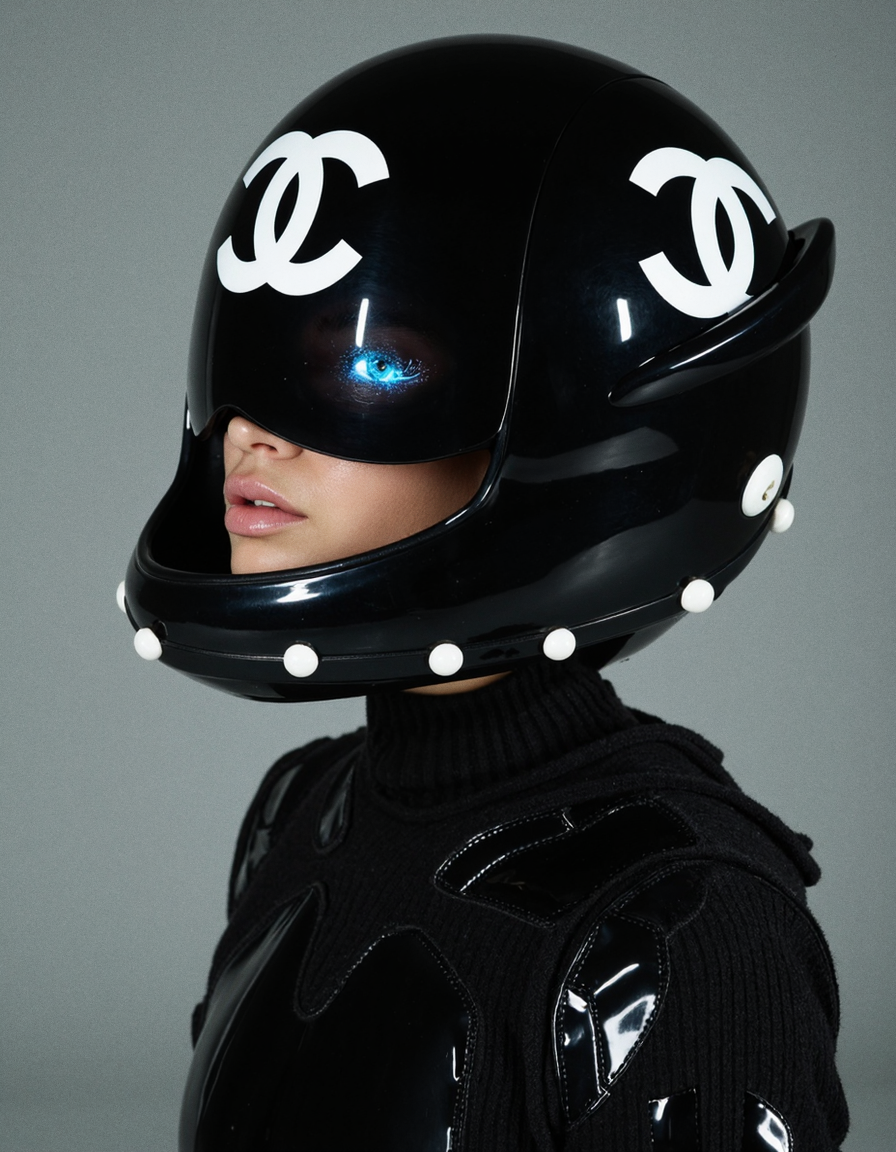  A surreal and imaginative fashion portrait depicting a model as a futuristic warrior, her face framed by a Chanel helmet adorned with pearls, blending elements of luxury fashion with sci-fi aesthetics in a visually arresting and conceptually layered narrative. Subject: In this completely random and imaginative portrait, the subject is envisioned as a futuristic warrior, her presence both commanding and ethereal. She is depicted wearing a sleek, black Chanel helmet that serves as both a fashion statement and a piece of high-tech armor. The helmet is crafted from a glossy, black material that reflects the light with a mirror-like sheen, giving it a futuristic, almost otherworldly appearance. The helmet is adorned with a large, glowing Chanel logo at the crown, which emits a soft, pulsating light, further enhancing the sci-fi aesthetic. The edges of the helmet are lined with large, luminous pearls that pulse with an internal light, adding a touch of luxury and femininity to the otherwise stark and utilitarian design. The pearls seem to float around the helmet, creating a halo effect that adds to the model’s divine and otherworldly aura. Beneath the helmet, the model’s face is partially visible, her eyes glowing with an unnatural, neon blue light that contrasts sharply with the dark helmet. Her eyes are framed by thick, cybernetic lashes that flicker with light, adding a touch of high-tech glamour to her intense gaze. The skin around her eyes is smooth and flawless, with a metallic sheen that hints at her futuristic, almost cyborg-like nature. A small, glowing Chanel logo is subtly integrated into her left cheek, serving as both a fashion statement and a high-tech branding mark. Her lips are painted in a deep, metallic shade, their smooth, reflective surface catching the light and giving her a slightly otherworldly, seductive expression. Her outfit is a black, armored suit that combines elements of high fashion with futuristic technology. The suit is made from a high-tech, flexible material that hugs her frame, with sections of reinforced armor plates that protect her vital areas. The suit is adorned with glowing, neon lines that trace the contours of her body, adding a dynamic, almost animated quality to her appearance. Around her neck, she wears a gold Chanel necklace that seems to float above her skin, the large, interlocking C’s glowing with an internal light that matches the neon lines of her suit. Lighting and Composition: The lighting in this surreal portrait is dramatic and dynamic, with a mix of soft, glowing light sources that highlight the textures and details of the helmet, pearls, and cybernetic enhancements. The light sources seem to emanate from within the helmet and suit, casting soft, colorful glows on her skin and creating a sense of depth and movement. The background is a dark, nebulous void, filled with swirling lights and abstract shapes that add to the otherworldly atmosphere of the image. The composition is tightly framed, focusing entirely on the model’s face and upper torso, with the glowing elements of the outfit creating a sense of energy and motion. The camera angle is slightly tilted, adding to the surreal, disorienting effect of the image. Overall Impression: This completely random and imaginative portrait is a bold and provocative exploration of the intersection between luxury fashion and futuristic technology, creating a visually arresting image that challenges traditional notions of identity, power, and beauty. The combination of the sleek, black Chanel helmet with the glowing, high-tech elements and the surreal, otherworldly background creates a powerful contrast that invites the viewer to contemplate the complexities of modern identity in a rapidly changing world. The meticulous attention to detail, from the glowing neon lines to the floating pearls, adds a layer of sophistication and innovation to the image, making it both visually captivating and conceptually rich. Key Focus: The fusion of futuristic technology, luxury fashion, and surreal, otherworldly elements creates a visually stunning and conceptually layered portrait that explores themes of identity, power, and the complexities of modern existence. 