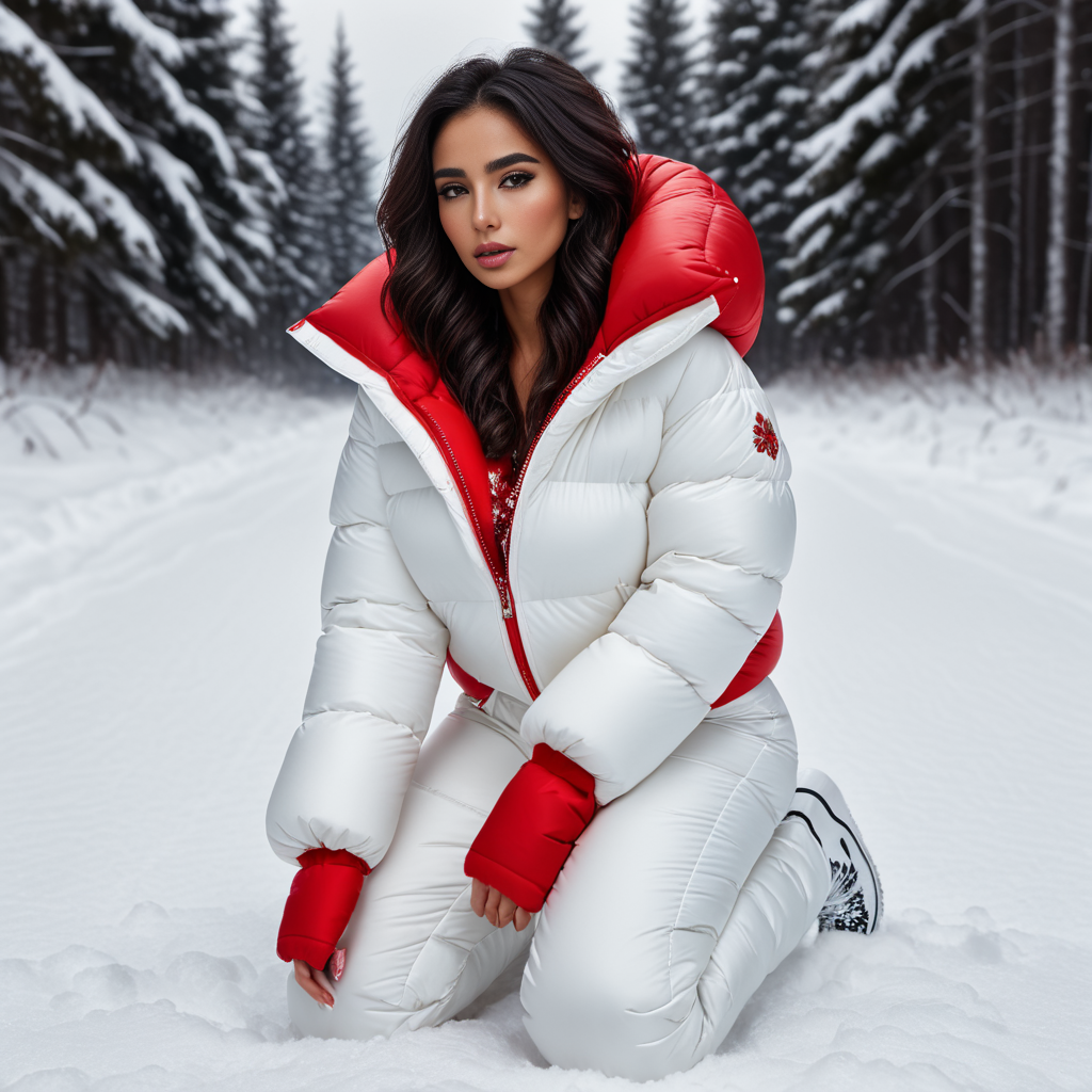 (full body shot| ) (dark cinematic still, dark vibes) cute latina woman ,unique, wearing  white floral snowpants and red extra_puffy_jacket,  unique hair styles, 8k uhd, dslr, high quality, photorealistic, realism, hyperrealism,((kneeling scene)), outdoors
 <lora:snowpants_v1-000003:0.3>
 <lora:Puffer_Jacket_and_Down_Jacket_-_Extra_Puffy_Jackets:0.7>