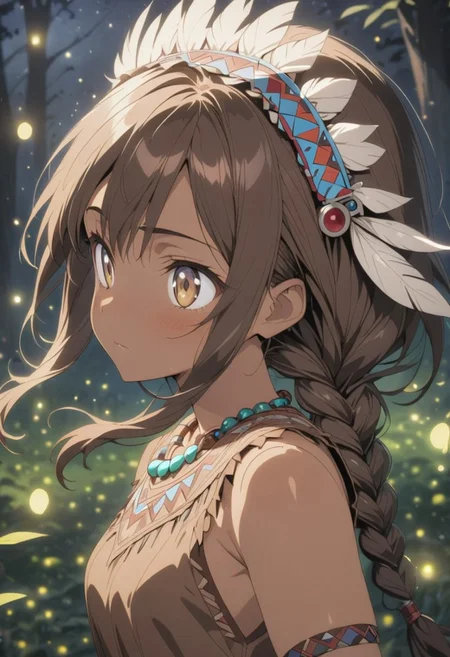 Dolly shot, eye level height, dark brown eyes, from the side, (masterpiece), (best quality), (ultra-detailed), very aesthetic, illustration, perfect composition, intricate details, absurdres, detailed face, (anime, masterpiece, intricate:1.3), (best quality, hires textures, high detail:1.2), (4k),(incredibly detailed:1.4) 
(((Best quality))), (((Ultra detailed))), ((((vivid)))), landscape, Portrait, focus on girl, (((fireflies, particles))), (fireflies lighting:1.4) (((dark forest at night, white trees))), trees cover background, trees cover sky,( Night, night time:1.5), <lora:more_details:0.5>, 1girl, Brown Skin, Native American,tan skin, wearing a brown deerskin dress, long brown braided hair, beaded necklace, feather headdress, brown rope bracelet, brown eyes, hand reaching forward, from the side, dark night, (light only from fireflies:1.7) firefly light source