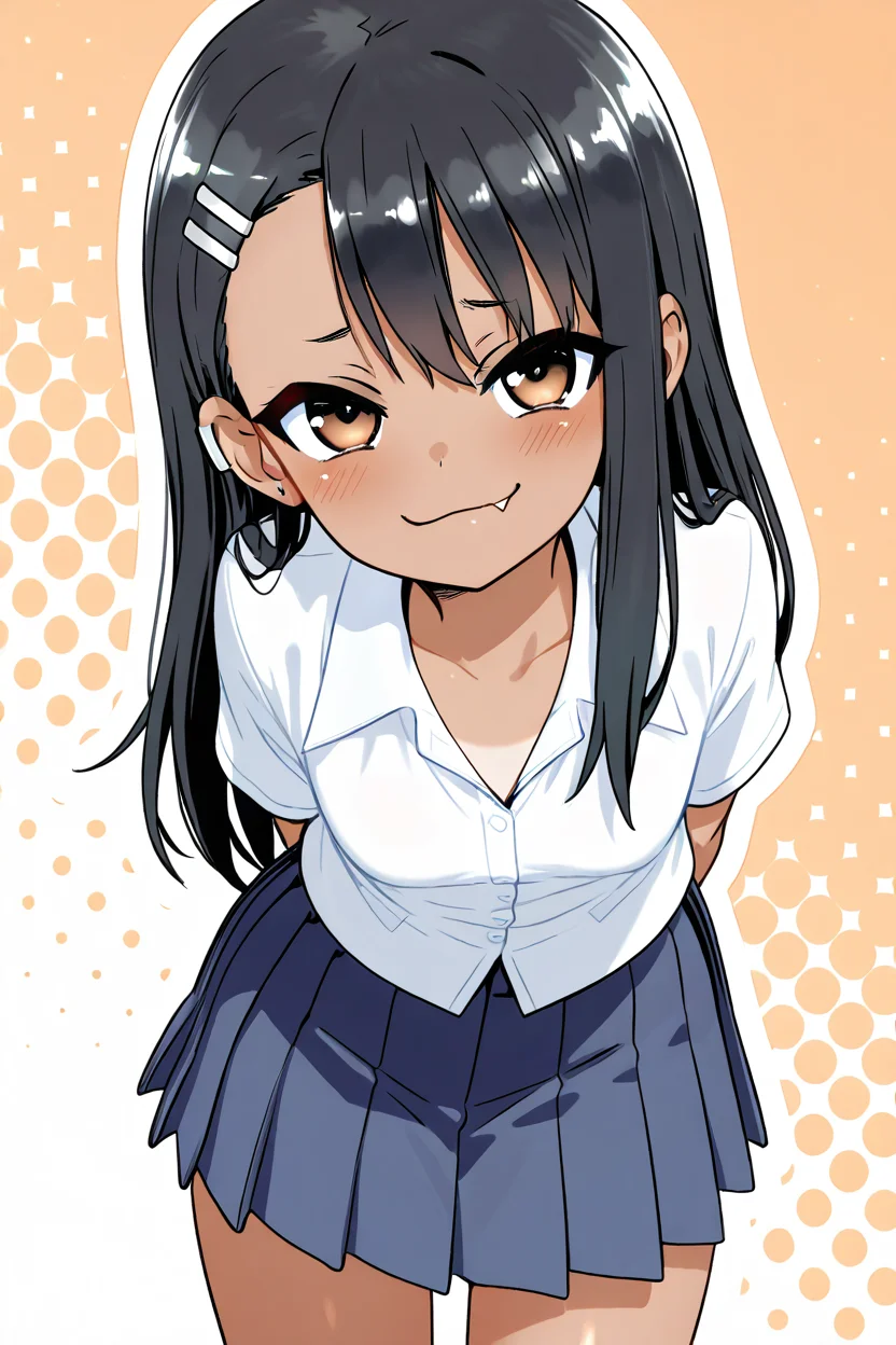 masterpiece, best quality, 1girl, solo, eyelashes, (beautiful eyes), nagatoro hayase, long hair, bangs, black hair, hair ornament, brown eyes, hairclip, fang, dark skin, dark-skinned female, tan, skirt, shirt, school uniform, white shirt, pleated skirt, nail polish, blue skirt, red nails, earclip, smug, hands behind back, leaning forward, portrait, <lora:MantisStyleIXL:1.0>, ,smile, looking at viewer, abstract background, white outline, cowboy shot