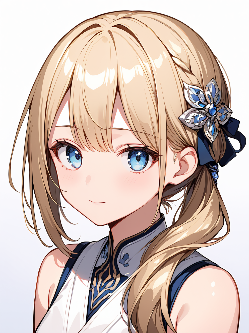masterpiece,ultra-detailed,best quality,8K,illustration,cute face,clean skin ,shiny hair,girl,ultra-detailed-eyes,simple background, <lora:add-detail-xl:1>   <lora:lose sidetail_XL_V1.0:1> lose sidetail, side ponytail, hair ornament,long hair