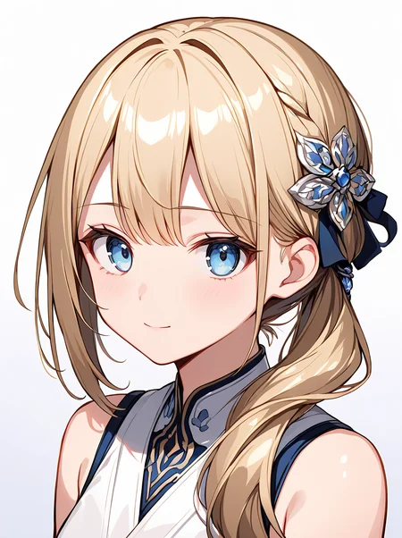 masterpiece,ultra-detailed,best quality,8K,illustration,cute face,clean skin ,shiny hair,girl,ultra-detailed-eyes,simple background, <lora:add-detail-xl:1> <lora:lose sidetail_XL_V1.0:1> lose sidetail, side ponytail, hair ornament,long hair