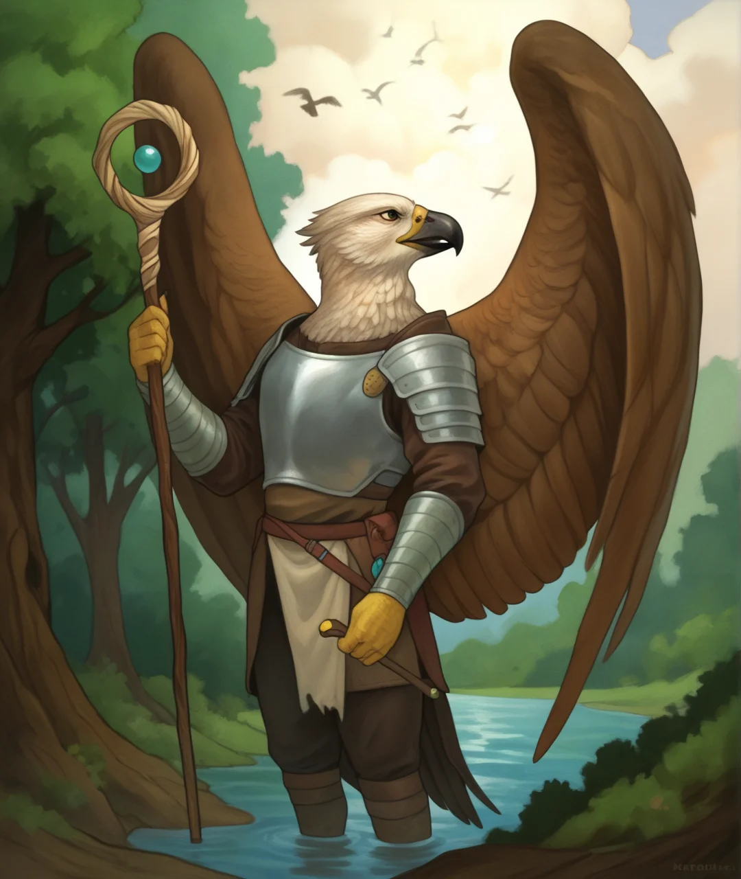 score_9, score_8_up, score_7_up, score_6_up,
BREAK
bird, outdoors, staff, tree, wings, 1boy, holding, nature, solo, cloud, painting, (medium), water, armor, sky, standing, traditional media, forest, eagle, animal, holding staff, male focus, holding weapon, weapon, furry, feathered wings
<lora:RGv2:1>