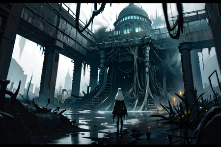 highly insanely detailed, masterpiece, top quality, best quality, highres, 4k, 8k, RAW photo, (very aesthetic, beautiful and aesthetic),
tsutomu nihei,nihei_tsutomu,blame!,blame gakuen!,abara,TNstyle,sidonia_no_kishi,(city ruins,mausoleum,tower,stairs,sidonia \(ship\),giant room,megastructure in background),letterboxed,light particles,cables,tubes,industrial pipes,lantern,bones,wire,tentacles,steam,fog,bridge,machinery,fence,star \(sky\),starry sky,dome,toha heavy industries,air conditioner,walkway,gauna,gauna mech,clouds,concrete walls,metal walls,buildings,dark sky,black sky,cyberpunk,open space,decrepit,dystopia,destroyed,blm,dark background,science fiction,empty,flock,futuristic,vast scenery,perspective,
<lora:ABARA:0.3>,
(1girl:1.3),
solo focus,
Valley,(mud,silt:1.2),dirty,dirt,soil,Loam,clay,wet,creepy_vibes,spectral_appearance,hidden_perils,(plastered with mud,splashes mud,smeared with mud:1.2),ominous_presence,unsettling_noises,forgotten_civilization,night,hostile_environment,partially submerged,moonlit water,desolate landscape,unclear waters,nocturnal creatures,slime_\(substance\),sticky slime,treacherous terrain,foggy environment,twisted trees,grass,dark foliage,ghostly figures,moss vines,mysterious waters,dirty clothes,mysterious glow,molten,dense underbrush,overgrown with thick vines,(Cobwebs,spider silk:1.4),stinkhorn,pure magenta background,pure white background,(color bokeh background,bold color background),âââ