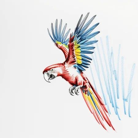 a pencil sketch with bold lines of a macaw flying