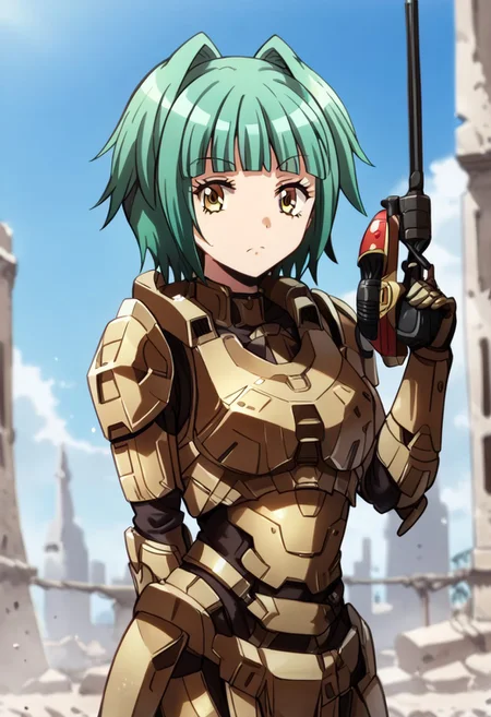 score_9, score_8_up, score_7_up, Spartan, Dark grey spartan armor, without helmet, city in ruins and flames, athletic, 4K, High definition, best quality, expressive eyes, anger look, battle pose, perfect face, from head to toe, without helmet, kaede kayano, short hair, bangs, brown eyes, yellow eyes, green hair, hair intakes, anime screencap, <lora:kaede-kayano-s1s2-ponyxl-lora-nochekaiser:1>, solo
