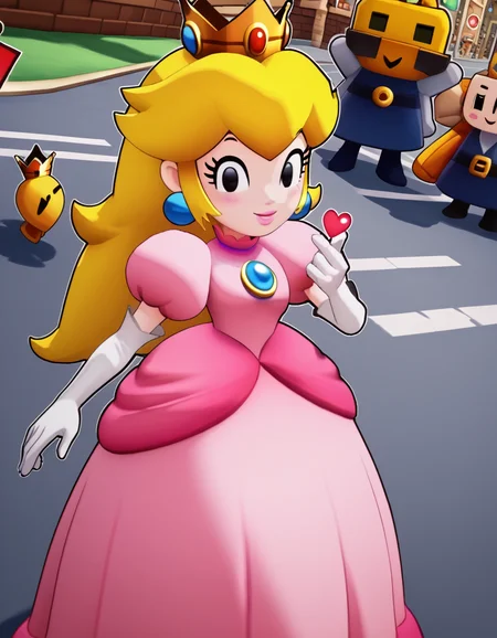 score_9, score_8_up, score_7_up, source_anime, <lora:princess-peach-brothership-ponyxl-lora-nochekaiser:1>, princess peach, blonde hair, black eyes, long hair,, crown, dress, gem, gloves, pink dress, puffy short sleeves, puffy sleeves, short sleeves, white gloves,, crosswalk, people, street, white lines, traffic, smile, <lora:finger-heart-ponyxl-lora-nochekaiser:1>, finger heart, heart, blush, smile,, looking at viewer, solo,, dutch angle, cowboy shot