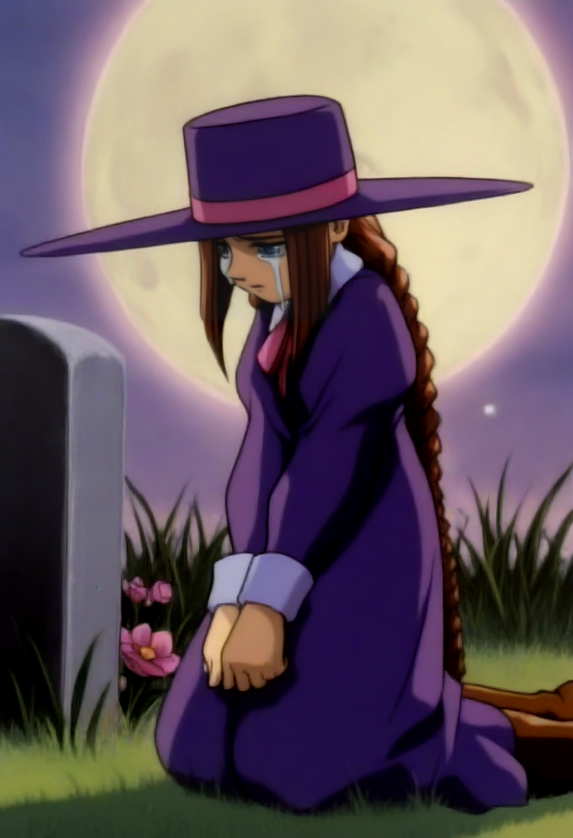 masterpiece, best quality, solo, 1girl, <lora:Darkstalkers-Ova-illus_Fp:1>, 1990s \(style\), retro artstyle, <lora:Anita-illus_Fp:1>, anitavc, brown hair, blue eyes, twin braids, hat, collared dress, purple dress, long sleeves, wrist cuffs, ribbon, knee boots, kneeling, tombstone, crying, teardrop,  grass, from side, moon, aura, flower, striped headwear,