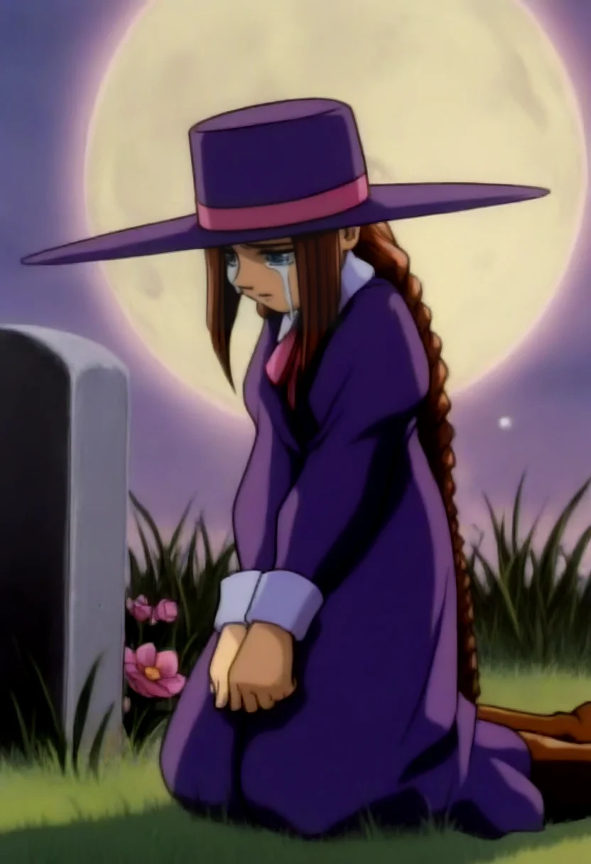 masterpiece, best quality, solo, 1girl, <lora:Darkstalkers-Ova-illus_Fp:1>, 1990s \(style\), retro artstyle, <lora:Anita-illus_Fp:1>, anitavc, brown hair, blue eyes, twin braids, hat, collared dress, purple dress, long sleeves, wrist cuffs, ribbon, knee boots, kneeling, tombstone, crying, teardrop, grass, from side, moon, aura, flower, striped headwear,