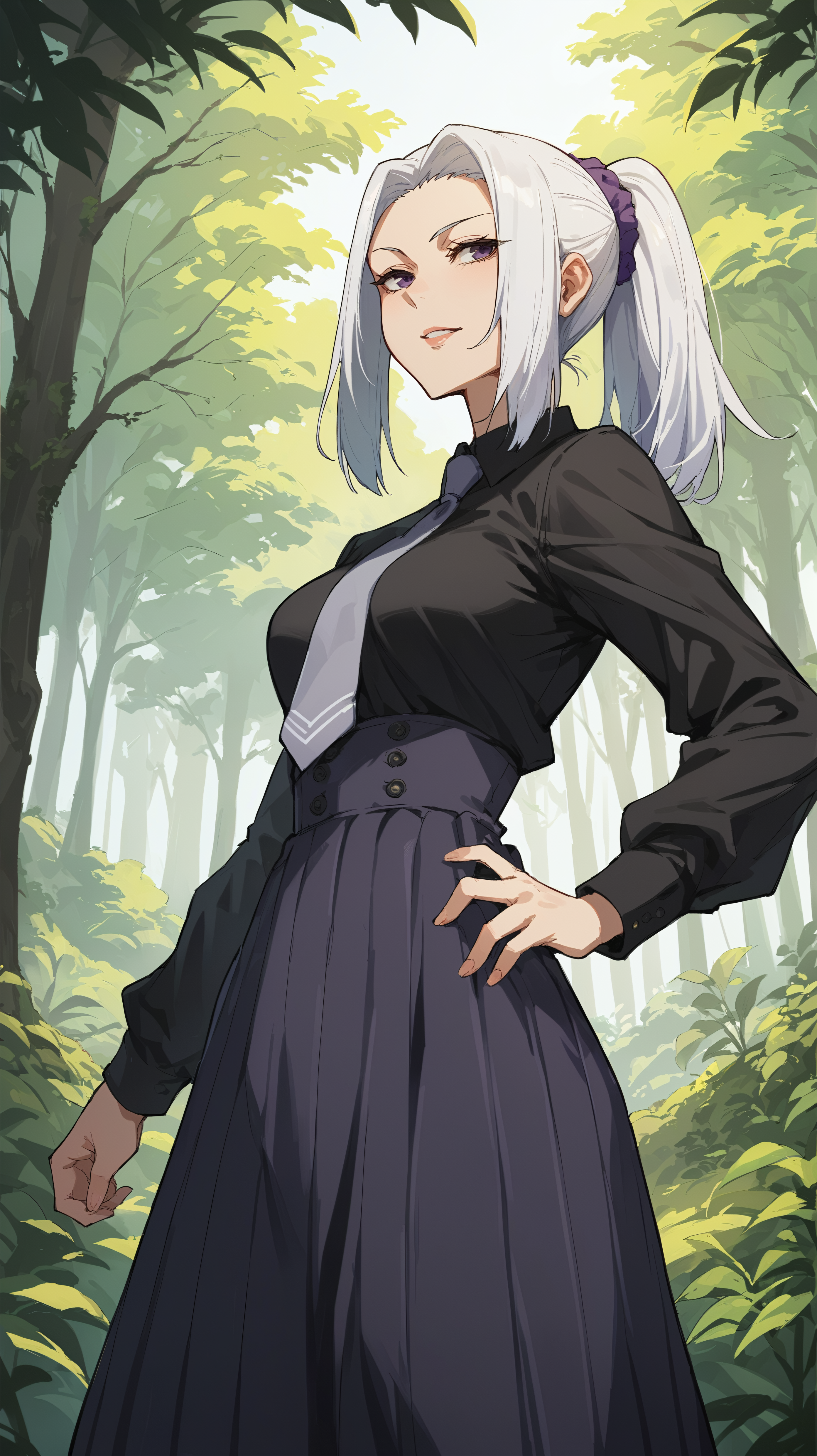 score_9,score_8_up,score_7_up,score_6_up, source_anime, zPDXL3, <lora:xl_more_art-full_v1:0.5>, woman, dynamic pose, standing, <lora:Mei Mei - Pony-000004:0.8>, bMei, white hair, ponytail, parted bangs, hair ornament, scrunchie, purple eyes, black shirt, grey necktie, dark purple skirt, long skirt, high-waist skirt, forest, outdoors, vegetation, plants,