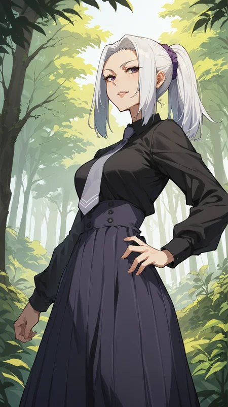 score_9,score_8_up,score_7_up,score_6_up, source_anime, zPDXL3, <lora:xl_more_art-full_v1:0.5>, woman, dynamic pose, standing, <lora:Mei Mei - Pony-000004:0.8>, bMei, white hair, ponytail, parted bangs, hair ornament, scrunchie, purple eyes, black shirt, grey necktie, dark purple skirt, long skirt, high-waist skirt, forest, outdoors, vegetation, plants,