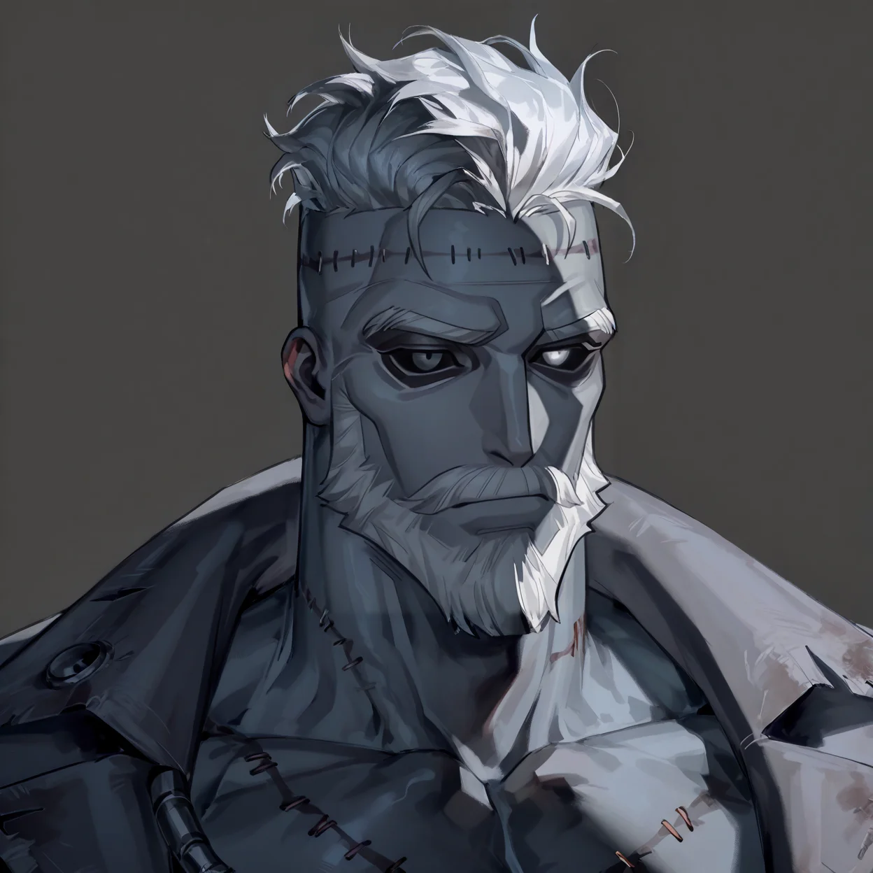 <lora:percy__Identity_V-000006:1>  percy (Identity V), black sclera, White Eyes, White hair, white beard, Gray skin, stitched face,
(very short hair, beard, bara, mature, facial hair, stubble, beard, full beard, sideburn, beard, a lot of beard, ), facial hair,male focus, muscular male, muscular male, bara, mature,  bara, mature, aixiwuganda_(20222192), very awa, masterpiece, best quality, absurdres, newest, perfect quality, detailed background, intricate details,
<lora:slider_Body Type_alpha1.0_rank4_noxattn_last:3><lora:style_Anime Summer Days 2 Style SDXL_LoRA_Pony Diffusion V6 XL:.6><lora:slider_cfg_scale_boost:.7><lora:Artist6p:.55>, Artist6p, Artist04p,<lora:slider_il_brightness_slider_d1:-1><lora:slider_il_contrast_slider_d1:-1><lora:slider_DarkSlider1.2_alpha1.0_rank16_full_300steps:-.6>