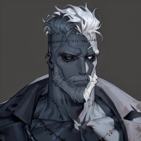 <lora:percy__Identity_V-000006:1>  percy (Identity V), black sclera, White Eyes, White hair, white beard, Gray skin, stitched face,
(very short hair, beard, bara, mature, facial hair, stubble, beard, full beard, sideburn, beard, a lot of beard, ), facial hair,male focus, muscular male, muscular male, bara, mature,  bara, mature, aixiwuganda_(20222192), very awa, masterpiece, best quality, absurdres, newest, perfect quality, detailed background, intricate details,
<lora:slider_Body Type_alpha1.0_rank4_noxattn_last:3><lora:style_Anime Summer Days 2 Style SDXL_LoRA_Pony Diffusion V6 XL:.6><lora:slider_cfg_scale_boost:.7><lora:Artist6p:.55>, Artist6p, Artist04p,<lora:slider_il_brightness_slider_d1:-1><lora:slider_il_contrast_slider_d1:-1><lora:slider_DarkSlider1.2_alpha1.0_rank16_full_300steps:-.6>