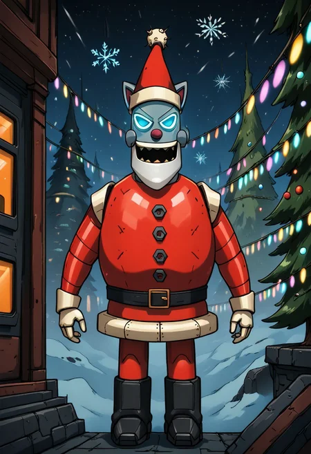 djm23 color tone style, A cute and playful cat bot dressed in a festive Christmas outfit, featuring a sleek, futuristic design. The outfit showcases a stylish two-tone color scheme of vibrant green and cyan, with intricate holiday-themed patterns like snowflakes and holly leaves subtly glowing along the edges. The cat bot's mechanical ears are adorned with small Christmas lights, and its glowing cyan eyes exude a cheerful holiday spirit. The background is a cozy, softly lit Christmas scene with a glowing tree, twinkling lights, and gently falling snowflakes., r0b0t_s4nta_c1aus, oren-bot-mmxxiv