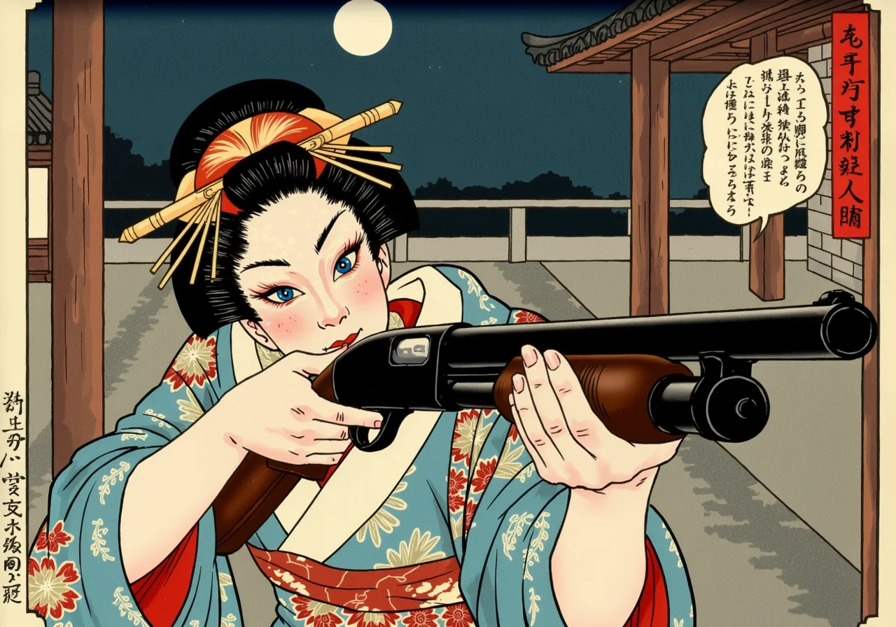 authentic ukiyo-e Japanese block print of an intense close up shot of a young woman geisha aiming Model870 pump action shotgun at viewed the wooden stock pressed into her shoulder and her finger on the trigger her other hand on the handguard, she wears a traditional kimoni, traditional makeup accentuating her beauty, the background the interior of an ancient Japanese castle courtyard at night, the art meticulously colored in great detail<lora:Model870-18.safetensors:1.0:1.0>