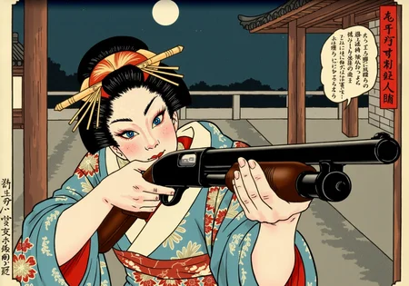 authentic ukiyo-e Japanese block print of an intense close up shot of a young woman geisha aiming Model870 pump action shotgun at viewed the wooden stock pressed into her shoulder and her finger on the trigger her other hand on the handguard, she wears a traditional kimoni, traditional makeup accentuating her beauty, the background the interior of an ancient Japanese castle courtyard at night, the art meticulously colored in great detail<lora:Model870-18.safetensors:1.0:1.0>