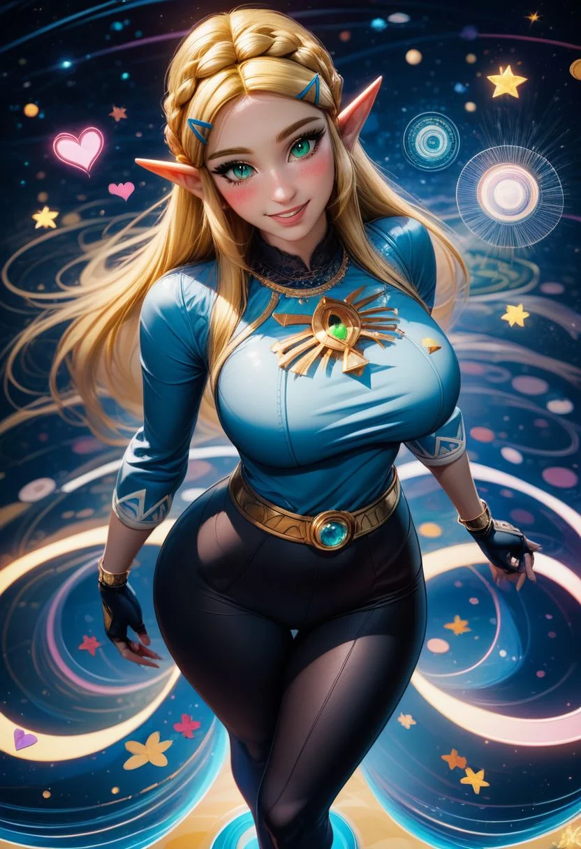 score_9, score_8_up, score_8, medium breasts,
(ultra realistic,32k, masterpiece:1.2),(high detailed skin:1.1),( high quality:1.1),
(curvy), cute, eyelashes,
princess zelda, solo, long hair, green eyes, crown braid, hairclip, pointy ears, blue shirt, long sleeves, fingerless gloves, black gloves, black pants, tight pants, smile, curvy, head tilt, hearts, blush,
blooming stars, luminescent petals, otherworldly fragrance blurry background, (looking at viewer, standing:1.1), huge breast, large breast, (glowwave:1.1),