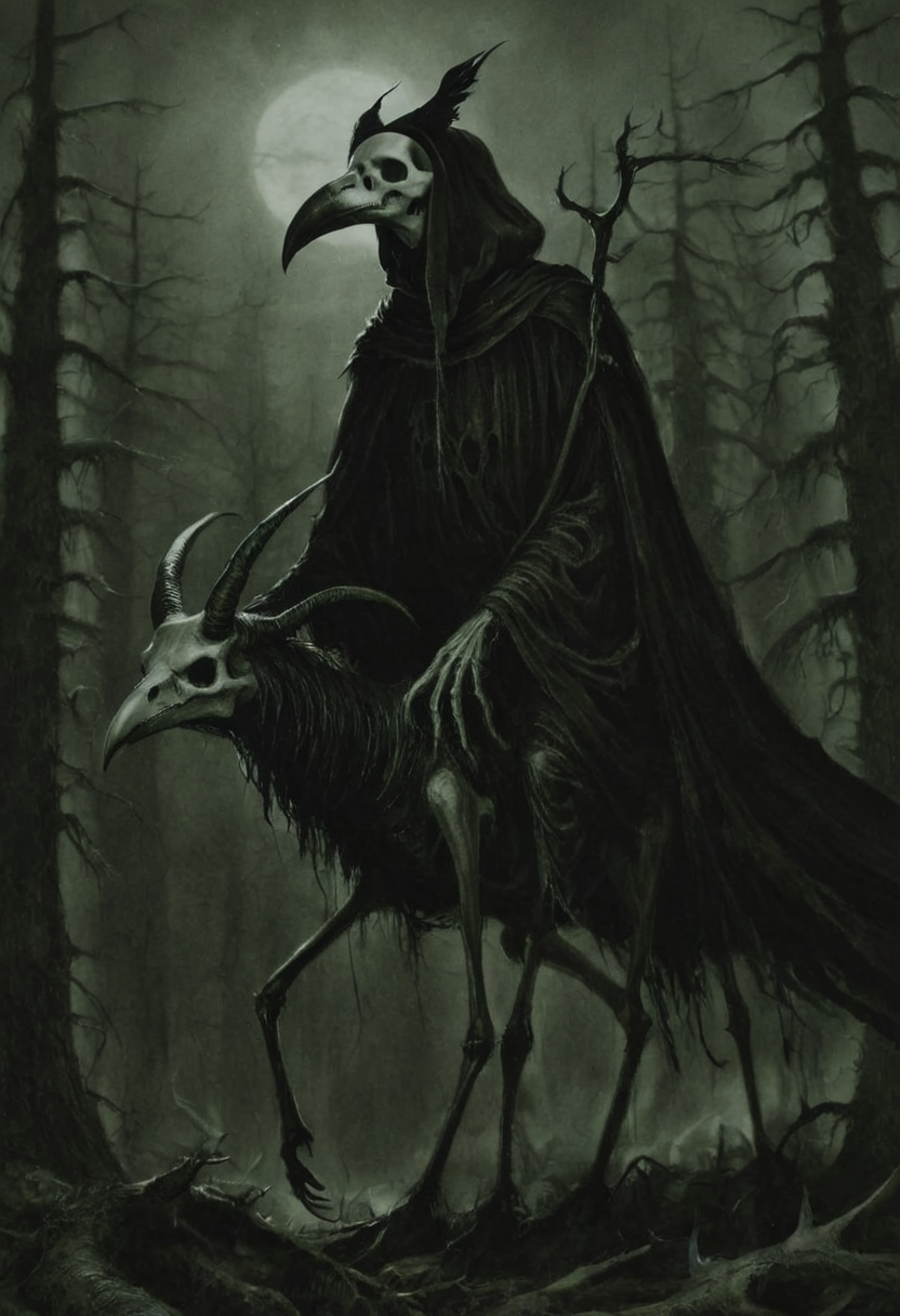 monoxxdr4ws, A dark, monochrome drawing of a robed figure with a raven head riding a skeletal, horned creature in a desolate forest landscape