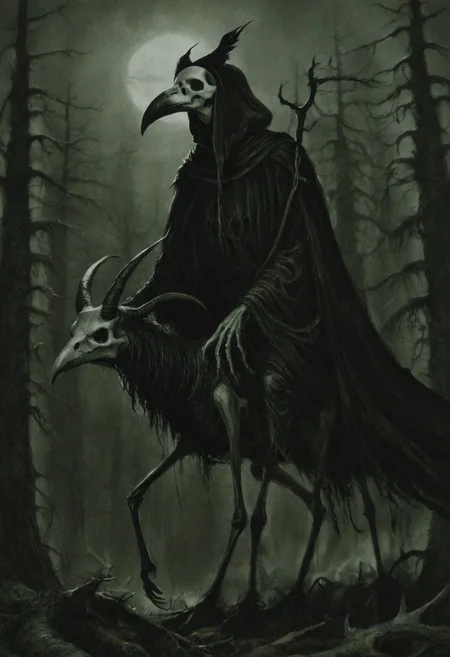 monoxxdr4ws, A dark, monochrome drawing of a robed figure with a raven head riding a skeletal, horned creature in a desolate forest landscape