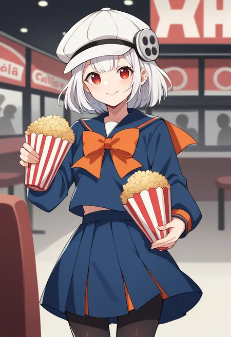score_9, score_8_up, score_7_up, source_anime BREAK 1girl, solo, <lora:zs_HikariXL:1> hikaripq2, white hair, medium hair, red eyes, white cabbie hat, blue serafuku, orange ribbon, blue skirt, black pantyhose, cowboy shot, cinema, smile, holding popcorn