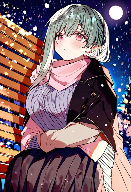 score_9, score_8_up, score_7_up, source_anime, 1girl,side braid, big breasts, sweater, black coat, scarf, aqua hair, pink eyes, pleated skirt, long skirt, night, outdoor, snowing, under a tree, dynamic light, sitting, on bench <lora:kazutake-hazano-Style-PonyXL-Dora-000021:1>