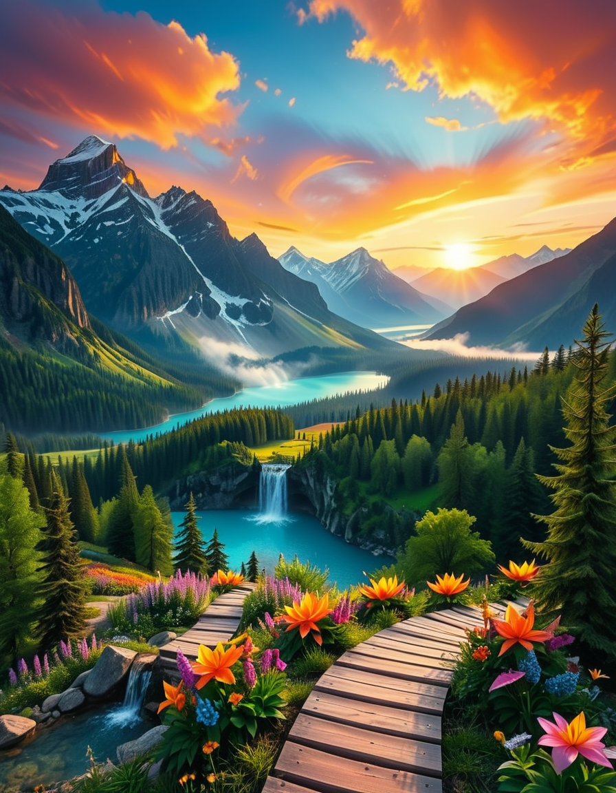 A breathtaking, high-resolution photograph of the most beautiful place on Earth, where natureâs wonders blend in perfect harmony. Towering, snow-capped mountains rise majestically in the background, their peaks glowing under the golden hues of a setting sun. Below, a crystal-clear turquoise lake reflects the colors of the sky, surrounded by lush, green forests filled with ancient trees, vibrant wildflowers, and cascading waterfalls. A soft mist rises from the valley, adding a dreamlike quality to the scene. In the distance, rolling meadows stretch toward the horizon, dotted with colorful flowers and serene wildlifeâgraceful deer grazing, birds soaring in the sky, and butterflies dancing in the breeze. A wooden footpath winds through the landscape, leading to a secluded, tranquil spot where the beauty of nature can be fully admired. The air is crisp and filled with the soothing sounds of rustling leaves, flowing water, and distant birdsong. The sky above is a masterpiece of colorsâdeep oranges, purples, and pinks blending seamlessly as the sun sets, casting a magical glow over this untouched paradise. The atmosphere is peaceful, awe-inspiring, and filled with a deep sense of wonder and tranquility, as if stepping into a perfect dream.
<lora:SDXLFaeTastic2400:0.4> <lora:extremely_detailed:0.4> extremely detailed, <lora:Earth_P4r4d1s3:1>,Earth P4r4d1s3, Masterpiece,best quality,hi res,8k,hi res,8k,award winning,(sharp focus, intricate, highly detailed),