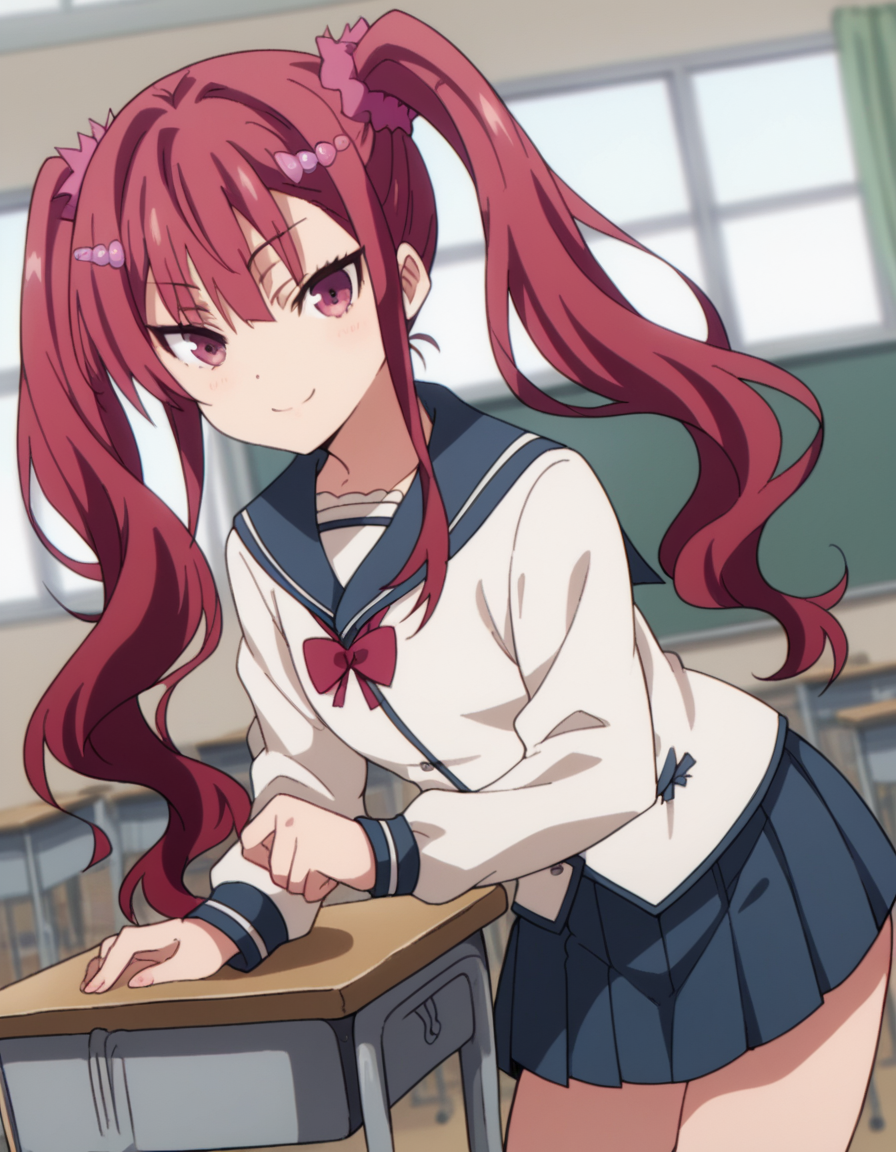 score_9, score_8_up, score_7_up, source_anime, asakamayama, <lora:asaka-mayama-s1-ponyxl-lora-nochekaiser:1>, asaka mayama, long hair, hair ornament, twintails, red hair, scrunchie, pink scrunchie,, skirt, long sleeves, school uniform, pleated skirt, serafuku,, indoors, classroom, bent over, smile, looking at viewer, solo, cowboy shot, dutch angle