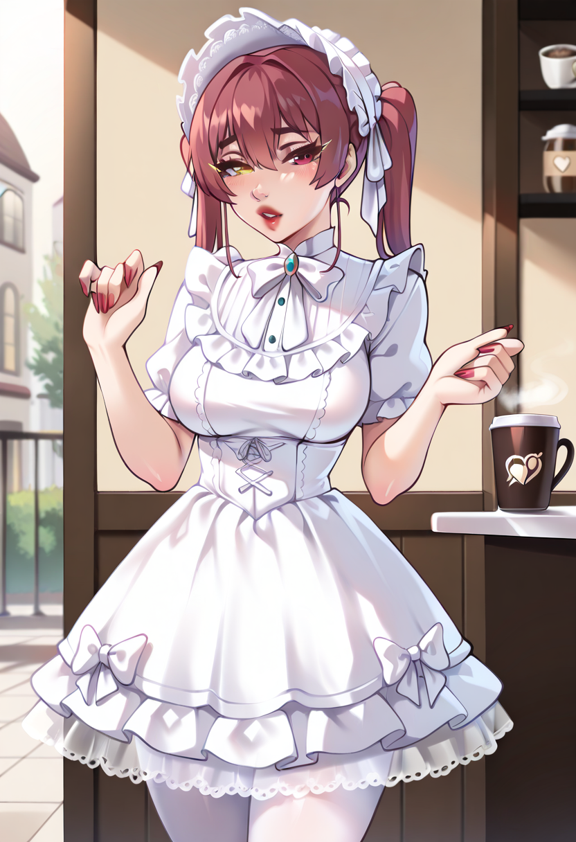 masterpiece,best quality,absurdres, 1girl, houshou marine, parted lips, standing, white (dm me) dress, sfw, nail polish, fingernails, red nails, sharp fingernails, red lips, white leggings, coffee shop, mambolina0