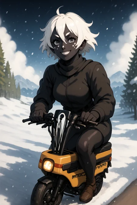 black skin, glittery skin, grey eyes, white hair, white freckles, smiling, cheerful, seductive expression, <lora:RD-MAnon-XLV1.1:1>, inf front of a café looking out over a artic snow field, ((motocompo)), solo, standing, behind <lora:motocompo_detailed:1.5> ground vehicle, riding motocompo, , source_anime, score_9_up, score_7_up, score_8_up