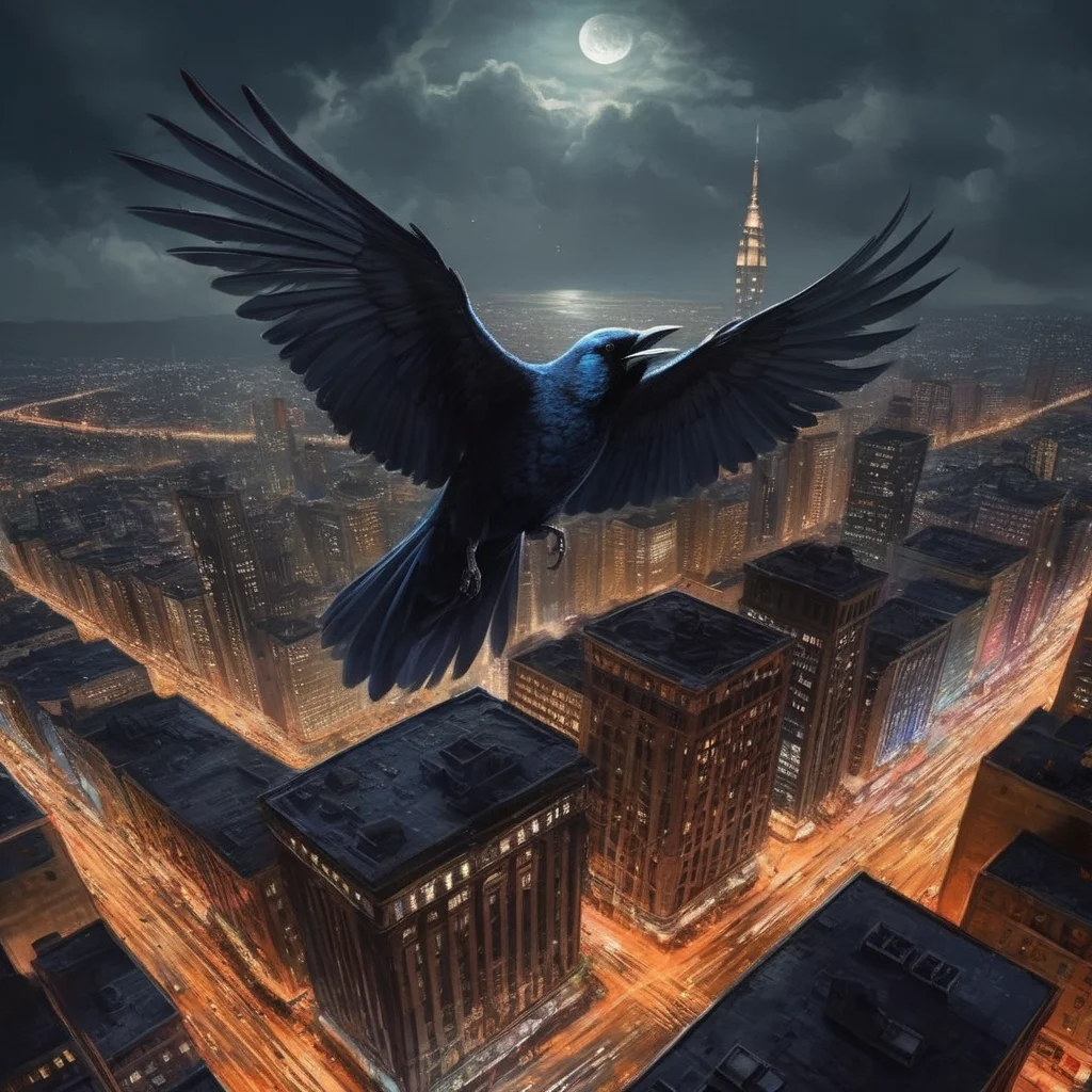 Hyperrealistic art of <lora:graphic novel style:1.2>
1980's a bird flying over a dark city at night In the graphic novel style, Extremely high-resolution details, photographic, realism pushed to extreme, fine texture, incredibly lifelike
