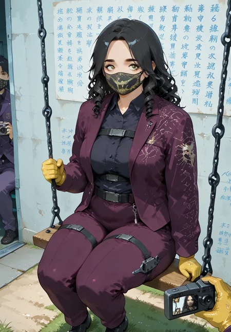 IllusP0s, PonyScores7, source_anime, ah1, IllustriousQual, interesting, exciting, spectacular, wonderful,
BREAK <lora:xl_more_art-full_v1:0.2>, <lora:aesthetic_anime_v1s:0.2>, <lora:EpicF4nta5yXL:0.2>, <lora:detailxl:0.2>, detailxl, <lora:Fant5yP0ny:0.2>, amazing quality, best aesthetic, absurdres, illustration, Volumetric_Lighting, ultra-detailed, very aesthetic, intricate details, best_quality,
BREAK (((Sitting on a swing, holding a camera, capturing a moment while documenting memories))),
BREAK Stable_Yogis_PDXL_Positives, AS-Adult, <lora:Complicated fantasy portrait - XL Pony V2.0:0.2>, bad-hands-5, <lora:HDA_Detailer:0.3>, <lora:natsumi_style:0.5>, <lora:by_usakun-pony:0.4>, by usakun, <lora:Akina_Bbw_Style_-_PonyXL:0.2>, AkinBw, ((cyberpunk fashion style, inspired by futuristic dystopian settings, features high-tech and futuristic clothing, incorporates elements of technology and urban culture, promotes a bold and avant-garde aesthetic)),
BREAK 1girl, mature female, (curvy), round-chin, caucasian, <lora:ETO_OC_Illustrius:0.5>, eto_oc, skindentation, (plump), thick thighs, wide hips, busty, voluptuous, <lora:venus body PonyXL:0.3>, <lora:shinyskin2:0.2>, glistening skin, HDA_FatGirlXL, round ass, large breasts,
BREAK ((<lora:AzamiR6S:0.8>, AzamiR6S, black eyeliner, mouth mask, yellow gloves, purple jacket, print jacket, black collared shirt, harness, black belt, purple pants, thigh strap, black shoes)),
BREAK (curly hair), long hair, (black hair:1.4), (parted hair:1.7), messy hair, kinky curls, <lora:hairdetailpxl:0.2>, hairdetailpxl,
BREAK (half green and brown eyes), (colorful eyes), (multicolored eyes), (downturned eyes:1.4), expressive eyes, <lora:perfect-eyes:0.4> perfecteyes , EyesHD, (round face:1.2), (thick eyebrows:1.3), (plump face), <lora:Round_face:0.2>, lips, <lora:DetailedEyes_xl_bdsqlsz_V1:0.2>, <lora:Eyes_Lora_Pony_Perfect_eyes:0.2>, <lora:focusoneyes:0.4>,
BREAK ((lonely expression)), <lora:Expressive_H:0.2>, Expressiveh, <lora:Emotional_Anime_Expressions_PonyXL_Concept:0.2>, emotional, <lora:Best_Facial_Expression_LoRA_PONY:0.2>, looking at viewer, <lora:Detailed expressive EXEV style -XL Pony V1.0:0.2>, FaceDetail, <lora:Best_Facial_Expression_Helper_XTREME_ILLU:0.4>, kaogei,
BREAK (((Shadowed Corridor, Narrow passage lined with ancient runes etched into the walls, flickering torches casting shifting shadows, the faint scent of damp earth, a chilling breeze whispering through the darkness))), <lora:Background Detailer - SDXL:0.8>, 4k, 8k, Ultra HD, Masterpiece, Best quality, Detailed background, <lora:Add_more_details_V2_XLpony:0.4>, full_details, <lora:background-type1:0.4>,