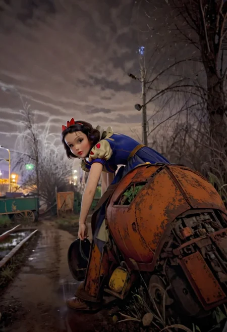 Rusted, rusted landscape, a Disney princess Snow White, walking on a side walk in a run down russian city, smoke, chem trails, extreme close-up, portrait, raw, masterpiece, hyper exquisite, extreme insanely realistic detailed and intricate, extreme quality, extreme best picture, extreme realistic detail, extreme photo realism, extremely super fine photo detail, hyper 1080P, extreme VFX, extreme SFX, extreme FKAA, extreme TXAA, extreme RTX, extreme SSAO, doomer aesthetics, depressing feelings, night, panelka,vintage painting,painting,realism,