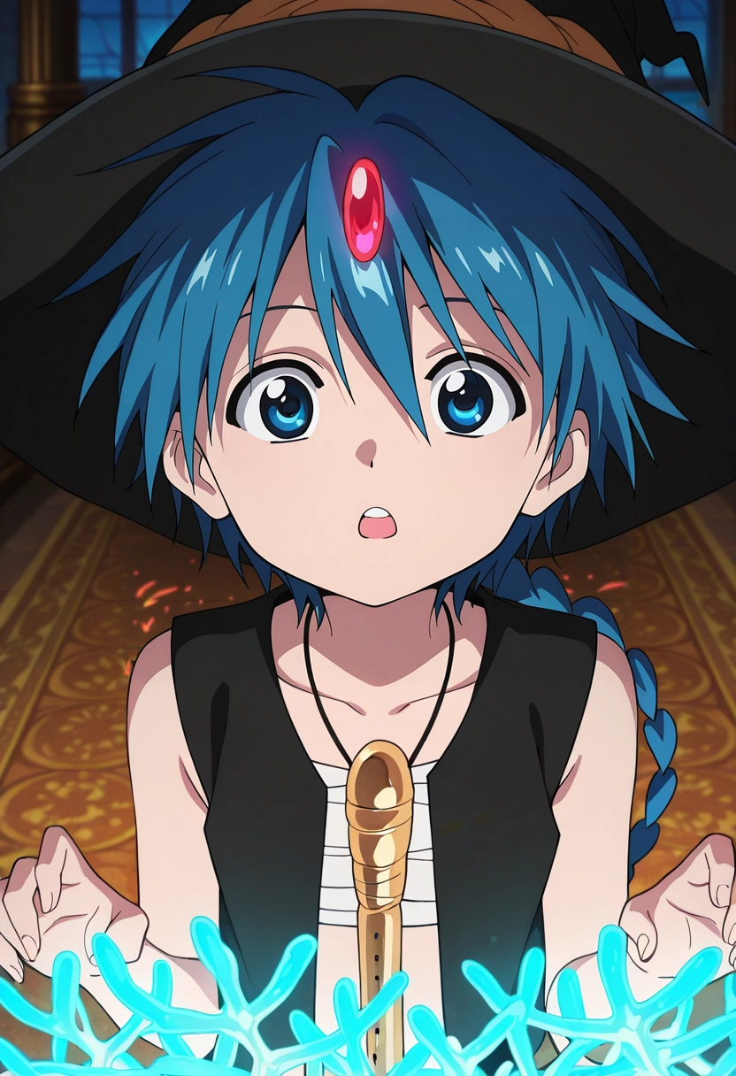 masterpiece, best quality, , anime screencap, anime coloring, official style, , 1boy, solo, male focus, <lora:aladdin_magi_ilxl:1>, aladdin_magi, blue hair, blue eyes, long hair, braid, single braid, , jewelry, vest, , , , hat, witch hat, oceanic cavern, glowing coral, bioluminescent chambers, deep trenches, exploring pose, amazed expression, aqua glow,