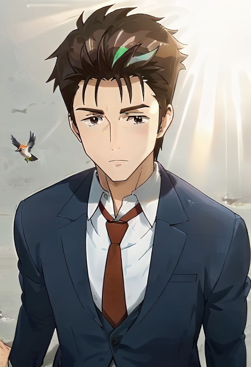 (score 9, score 8 up, score 7 up),((source anime, best quality, best aesthetic, perfect anatomy)),1boy,male focus,handsome detailed face,black eyes,blazer,collared shirt,slim body,skinny,necktie,solo,((Kubrick Stare, hair tucking, rays of shimmering light, grey_background, medium full shot, bird’s-eye view)),<lora:Shinich:1>,shinichi,<lora:Smooth Anime 2 Style SDXL_LoRA_Pony Diffusion V6 XL:1>,<lora:aesthetic_anime_v1s:1>,
