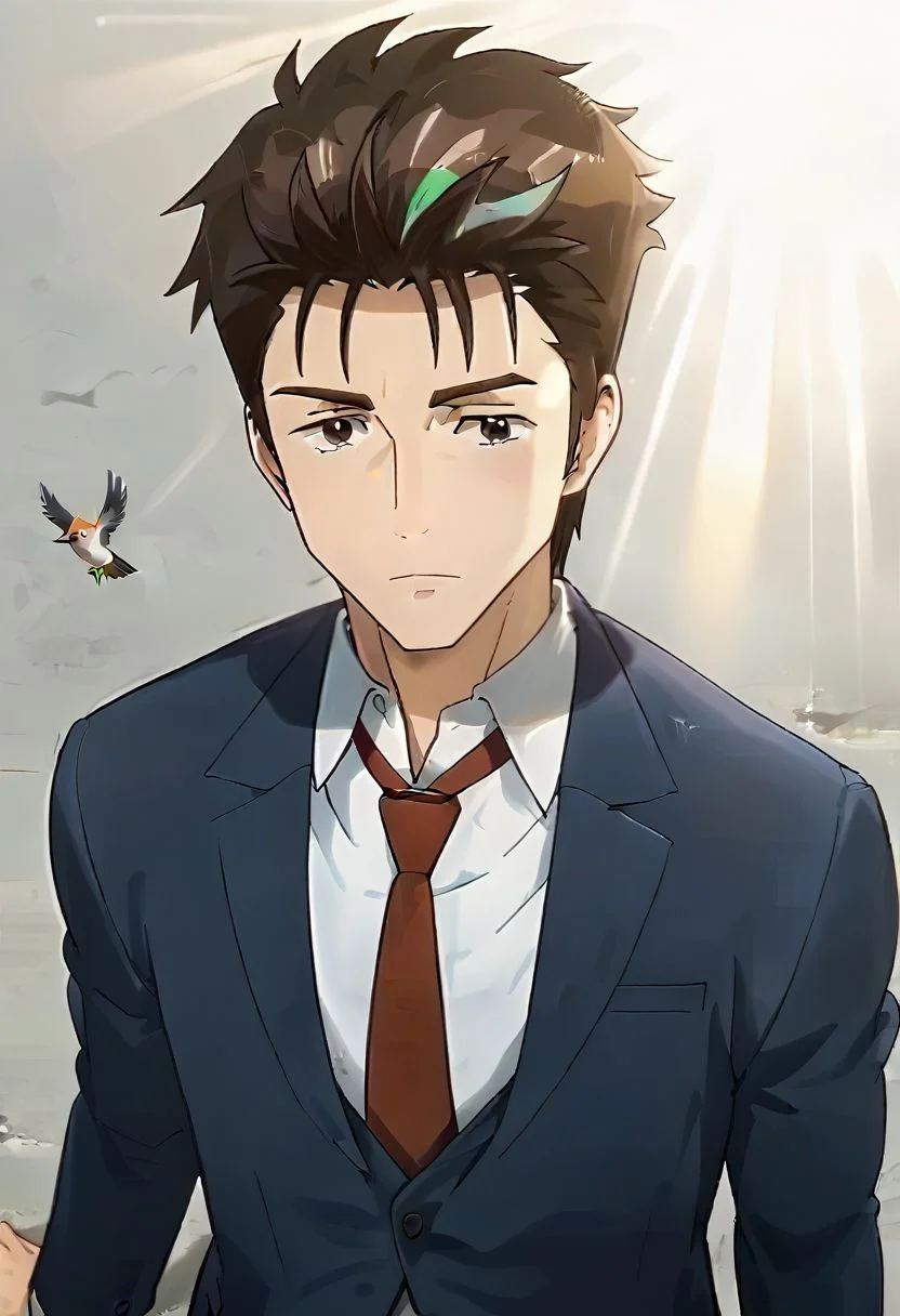 (score 9, score 8 up, score 7 up),((source anime, best quality, best aesthetic, perfect anatomy)),1boy,male focus,handsome detailed face,black eyes,blazer,collared shirt,slim body,skinny,necktie,solo,((Kubrick Stare, hair tucking, rays of shimmering light, grey_background, medium full shot, bird’s-eye view)),<lora:Shinich:1>,shinichi,<lora:Smooth Anime 2 Style SDXL_LoRA_Pony Diffusion V6 XL:1>,<lora:aesthetic_anime_v1s:1>,