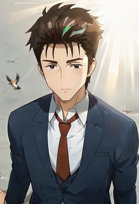 (score 9, score 8 up, score 7 up),((source anime, best quality, best aesthetic, perfect anatomy)),1boy,male focus,handsome detailed face,black eyes,blazer,collared shirt,slim body,skinny,necktie,solo,((Kubrick Stare, hair tucking, rays of shimmering light, grey_background, medium full shot, bird’s-eye view)),<lora:Shinich:1>,shinichi,<lora:Smooth Anime 2 Style SDXL_LoRA_Pony Diffusion V6 XL:1>,<lora:aesthetic_anime_v1s:1>,